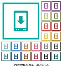 Mobile scroll down flat color icons with quadrant frames on white background
