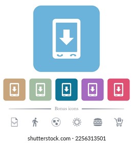 Mobile scroll down white flat icons on color rounded square backgrounds. 6 bonus icons included