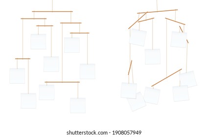 Mobile sculptures with blank notes, balanced and unbalanced. Equilibrium and chaotic disparity with eight unlabeled papers to fill in words, tags, phrases, slogans or pictures.
