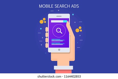 Mobile search ads, Search engine marketing, Mobile advertising flat design vector concept