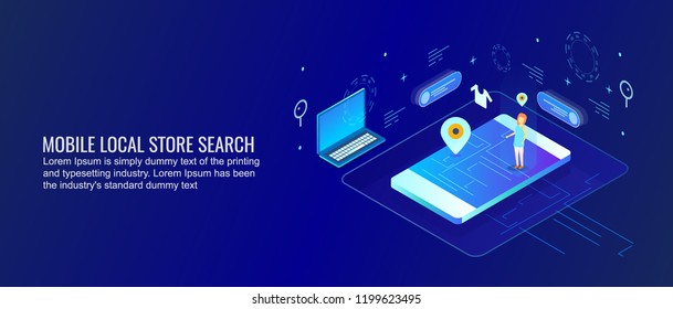 Mobile Search, Local search, local business search on mobile phone flat style 3D isometric banner