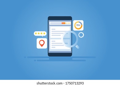 Mobile Search Optimization, Search Mobile App, Mobile Search Result, SEO Concept - Vector Illustration Background