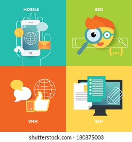 Mobile, search optimization and internet marketing illustration set. Stylish design elements or icons on colored background. Vector modern illustration in flat style.