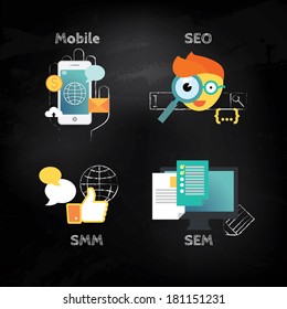 Mobile, search optimization and internet marketing illustration set. Stylish design elements or icons on blackboard background. Vector modern illustration in flat style.