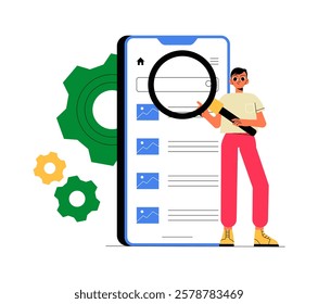 Mobile Search Optimization With Male Analyst In Flat Vector Illustration Symbolizing SEO, Data Analysis, And Search Engine Performance, Isolated On White Background