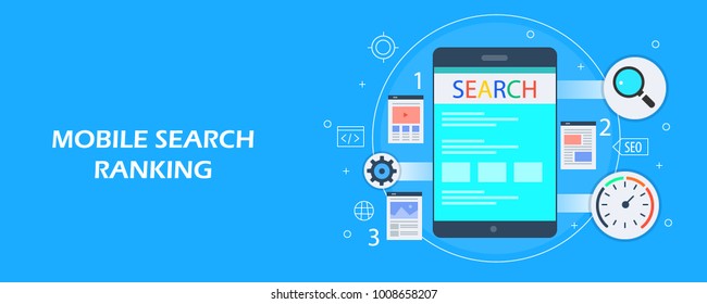 Mobile Search Ranking, Search Engine Optimization For Mobile, Mobile SEO Flat Design Illustration