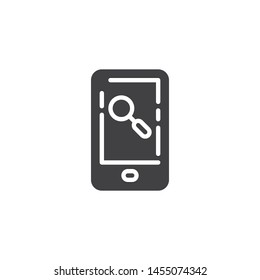 Mobile search vector icon. filled flat sign for mobile concept and web design. Smartphone with a magnifying glass glyph icon. Symbol, logo illustration. Vector graphics