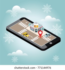 Mobile searching. Looking for bar. Snow winter day. Waiting for a Christmas and New Year. Isometric mobile and beer. Geo tracking. Map. City life