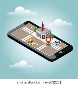 Mobile searching. Looking for bar or wine shop. Isometric mobile and wine. Geo tracking. Map. City life
