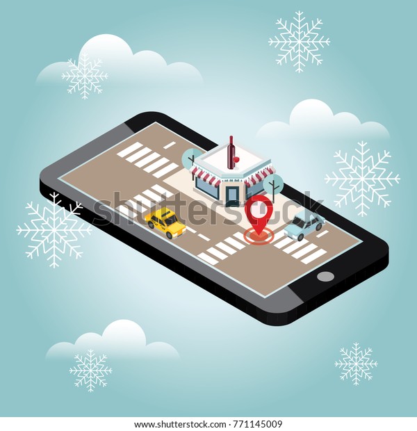 Mobile searching. Looking for bar or wine\
shop on winter snow day. Christmas and New Year. Isometric mobile\
and wine. Geo tracking. Map. City\
life