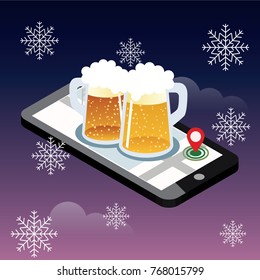 Mobile searching. Looking for bar in winter. Isometric mobile and beer. Geo tracking. Map
