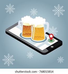 Mobile searching. Looking for bar in winter. Isometric mobile and beer. Geo tracking. Map