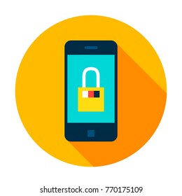 Mobile Secure Circle Icon. Vector Illustration Flat Style with Long Shadow.