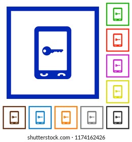 Mobile secure flat color icons in square frames on white background
