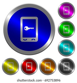 Mobile secure icons on round luminous coin-like color steel buttons