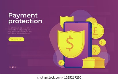 Mobile secure payment. Protection data. Web concept with smartphone, bank building, payment card and international wallet. Vector illustration.