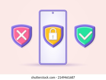 Mobile secure, safe phone 3d concept. Security shield icons with checkmark and lock on the smartphone screen. Internet and data protection, privacy, safety, antivirus design. Vector illustration.