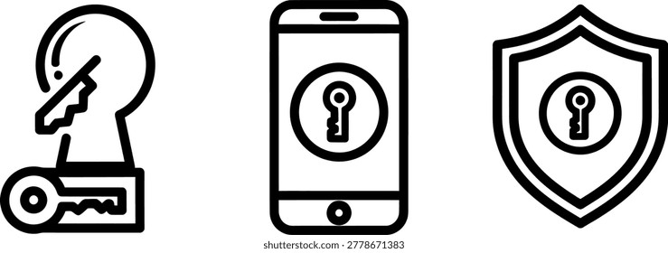 Mobile security and access control icons showing digital key encryption on smartphone and protection shield with security smartphone protection encryption technology internet password interface