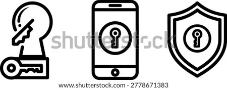 Mobile security and access control icons showing digital key encryption on smartphone and protection shield with security smartphone protection encryption technology internet password interface