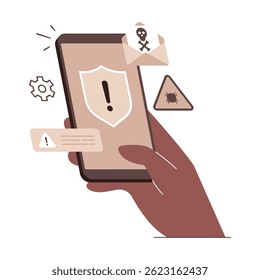 Mobile Security Alert concept vector illustration. Hand holding a smartphone with security warning icons, including a shield with an exclamation mark