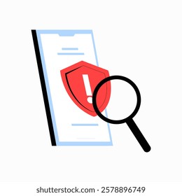 Mobile Security Alert With Magnifying Glass In Flat Vector Illustration Symbolizing Cybersecurity Threat Detection, Online Safety, And Data Protection, Isolated On White Background