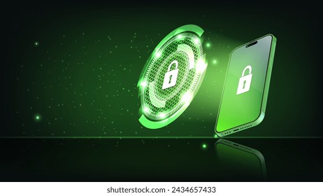 Aplicación de seguridad móvil y banner verde de protección de datos. Tecnología de seguridad web y cibernética y seguridad móvil de alto nivel. Concepto de seguridad móvil. Conexión segura a Internet. Vector Web banner.