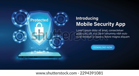 Mobile security app and data Protection. Web and cyber security technology and High-level mobile security. Mobile security concept. Secure internet connection. Vector Web banner.