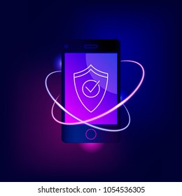 Mobile security app on smartphone screen. User touch screen. Secure technology concept. Trendy style background. Vector illustration.