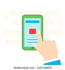 Mobile security app on smartphone screen. User touch screen. Flat design vector illustration. Step authentication concept. Verification by smartphone
