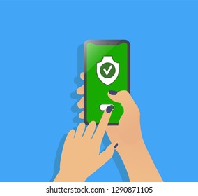 Mobile security app on smartphone screen. Blue colors background with hand. User touch screen. Flat design, concept of smartphone security, personal access, user authorization. Vector illustration. 