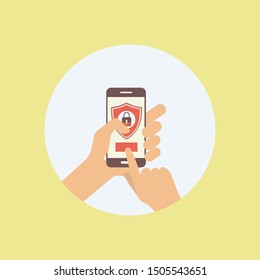 Mobile security app on smartphone screen. User touch screen. Flat design vector illustration