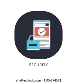Mobile security app on smartphone screen. User touch screen. Flat design vector illustration