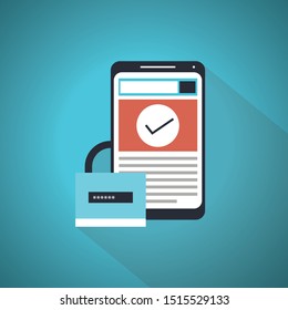 Mobile security app on smartphone screen. User touch screen. Flat design vector illustration. Blue Theme Concept