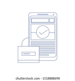 Mobile security app on smartphone screen. User touch screen. Flat design vector illustration. Concept of line icon