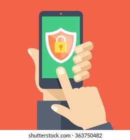 Mobile Security App On Smartphone Screen. User Touch Screen. Flat Design Vector Illustration