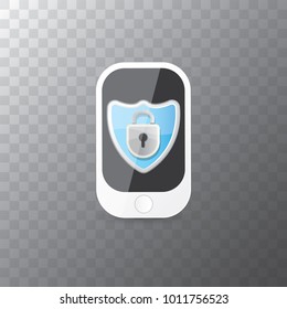 Mobile security app screen with lock on smartphone isolated on transparent background . Safety of personal information and individual correspondence in messengers concept vector illustration