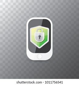 Mobile security app screen with lock on smartphone isolated on transparent background . Safety of personal information and individual correspondence in messengers concept vector illustration