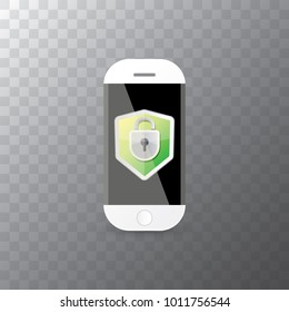 Mobile security app screen with lock on smartphone isolated on transparent background . Safety of personal information and individual correspondence in messengers concept vector illustration
