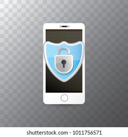 Mobile security app screen with lock on smartphone isolated on transparent background . Safety of personal information and individual correspondence in messengers concept vector illustration