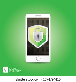 Mobile security app screen with lock on smartphone isolated on green background . Safety of personal information and individual correspondence in messengers concept vector illustration