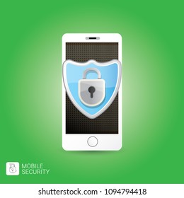 Mobile security app screen with lock on smartphone isolated on green background . Safety of personal information and individual correspondence in messengers concept vector illustration