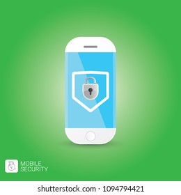 Mobile security app screen with lock on smartphone isolated on green background . Safety of personal information and individual correspondence in messengers concept vector illustration