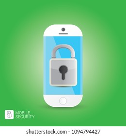 Mobile security app screen with lock on smartphone isolated on green background . Safety of personal information and individual correspondence in messengers concept vector illustration