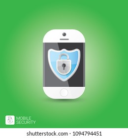 Mobile security app screen with lock on smartphone isolated on green background . Safety of personal information and individual correspondence in messengers concept vector illustration