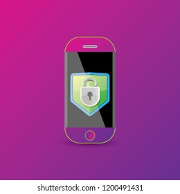 Mobile security app screen with lock on smartphone isolated on violet background . Safety of personal information and individual correspondence in messengers concept vector illustration