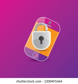 Mobile security app screen with lock on smartphone isolated on violet background . Safety of personal information and individual correspondence in messengers concept vector illustration