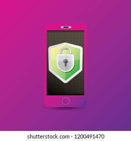 Mobile security app screen with lock on smartphone isolated on violet background . Safety of personal information and individual correspondence in messengers concept vector illustration