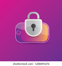 Mobile security app screen with lock on smartphone isolated on violet background . Safety of personal information and individual correspondence in messengers concept vector illustration