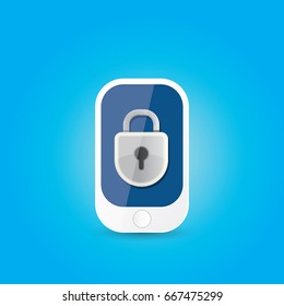 Mobile security app screen with lock on smartphone . Safety of personal information and individual correspondence in messengers concept vector illustration