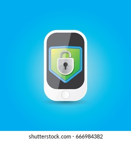 Mobile security app screen with shield and lock on smartphone .  Safety of personal information and individual correspondence in messengers concept vector illustration